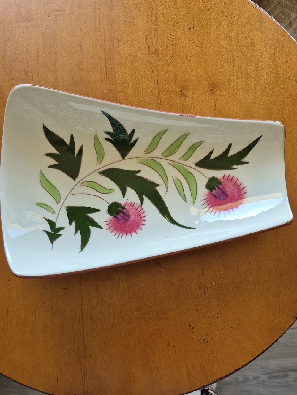 Stangl Thistle Hand-Painted Floral Ceramic Serving Dish - Pink & Green. *Chipped